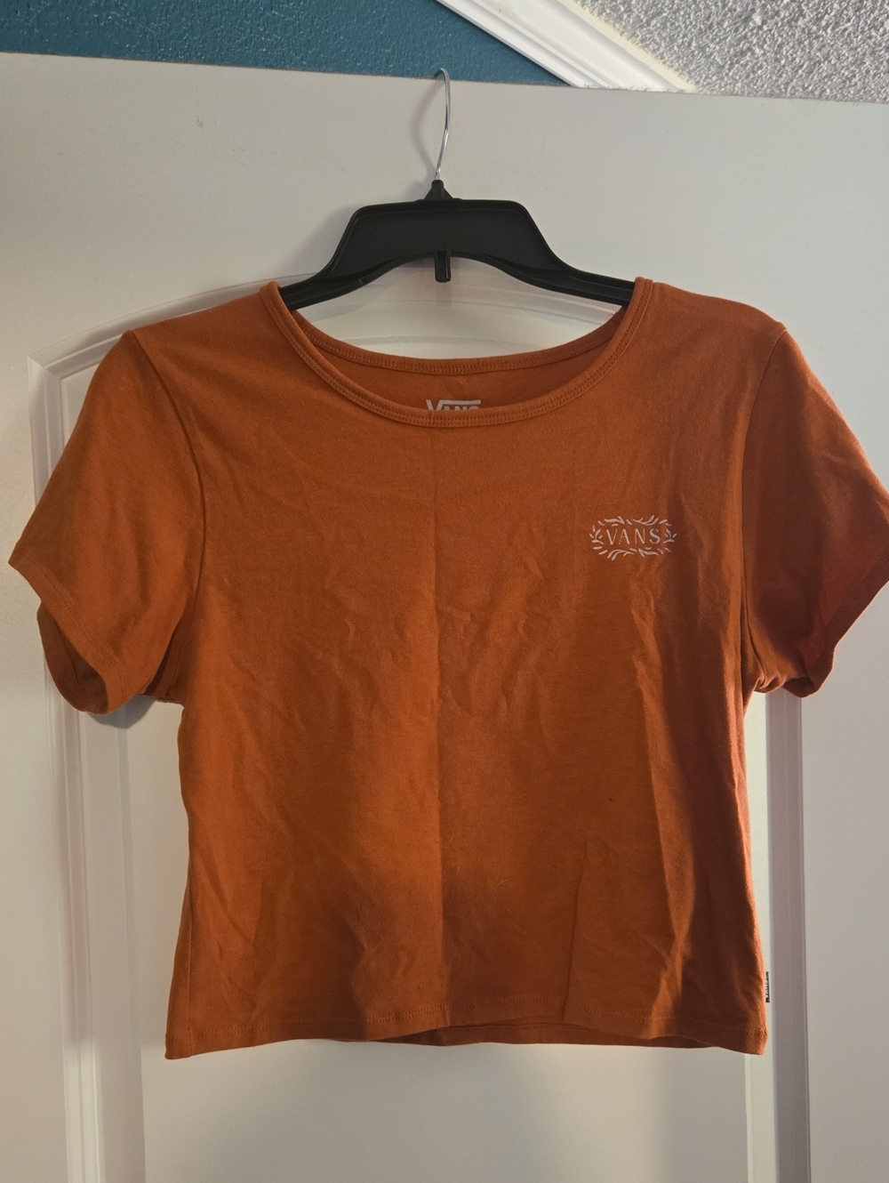 Vans Women's Rust Orange Cropped Tee with Chest Logo, Fox
